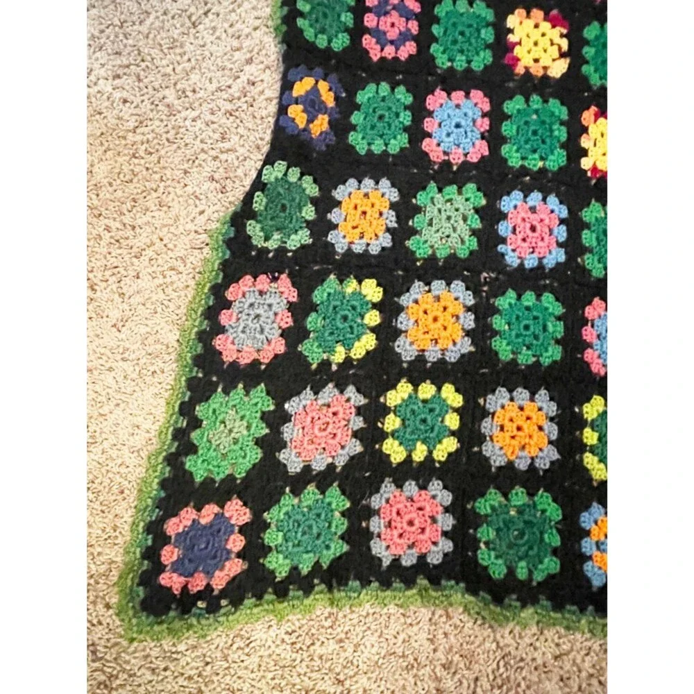 Handmade Crochet Granny Square Afghan Throw Blanket Black Multicolor Vintage